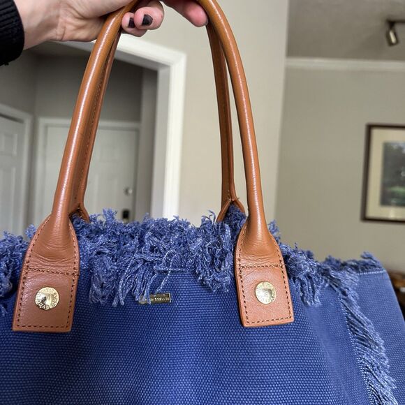 Melissa Odabash Cap Ferrat tote bag in navy blue cotton with leather handles - Picture 4 of 11